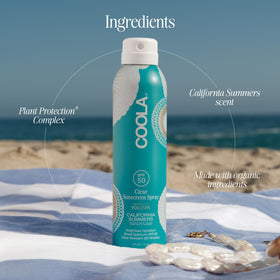 COOLA bottle with sea salt and vanilla props highlighting scent benefit
