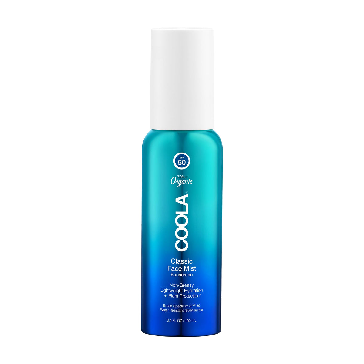 COOLA face mist front packaging showing SPF 50 and organic label benefit