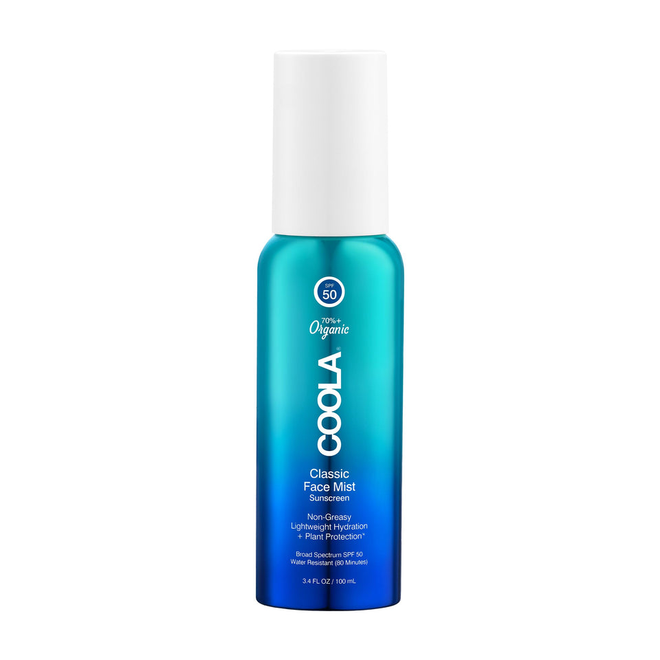 COOLA face mist front packaging showing SPF 50 and organic label benefit