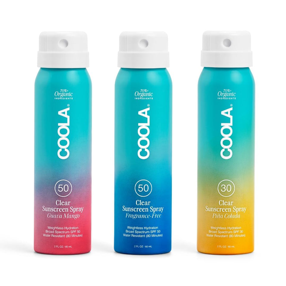 COOLA clear spray three-pack front view showing travel-size convenience