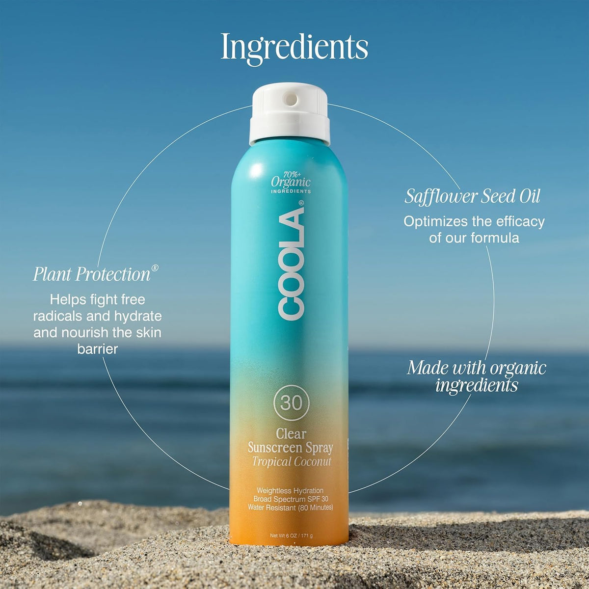 COOLA label and ingredient list showing reef-compliant, vegan benefit