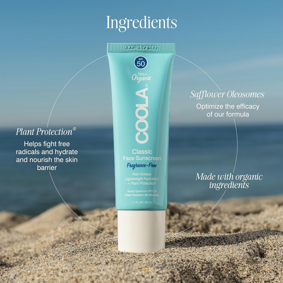 COOLA ingredients label close-up highlighting organic and reef-friendly benefit
