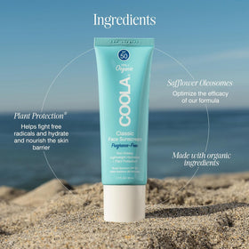 COOLA ingredients label close-up highlighting organic and reef-friendly benefit