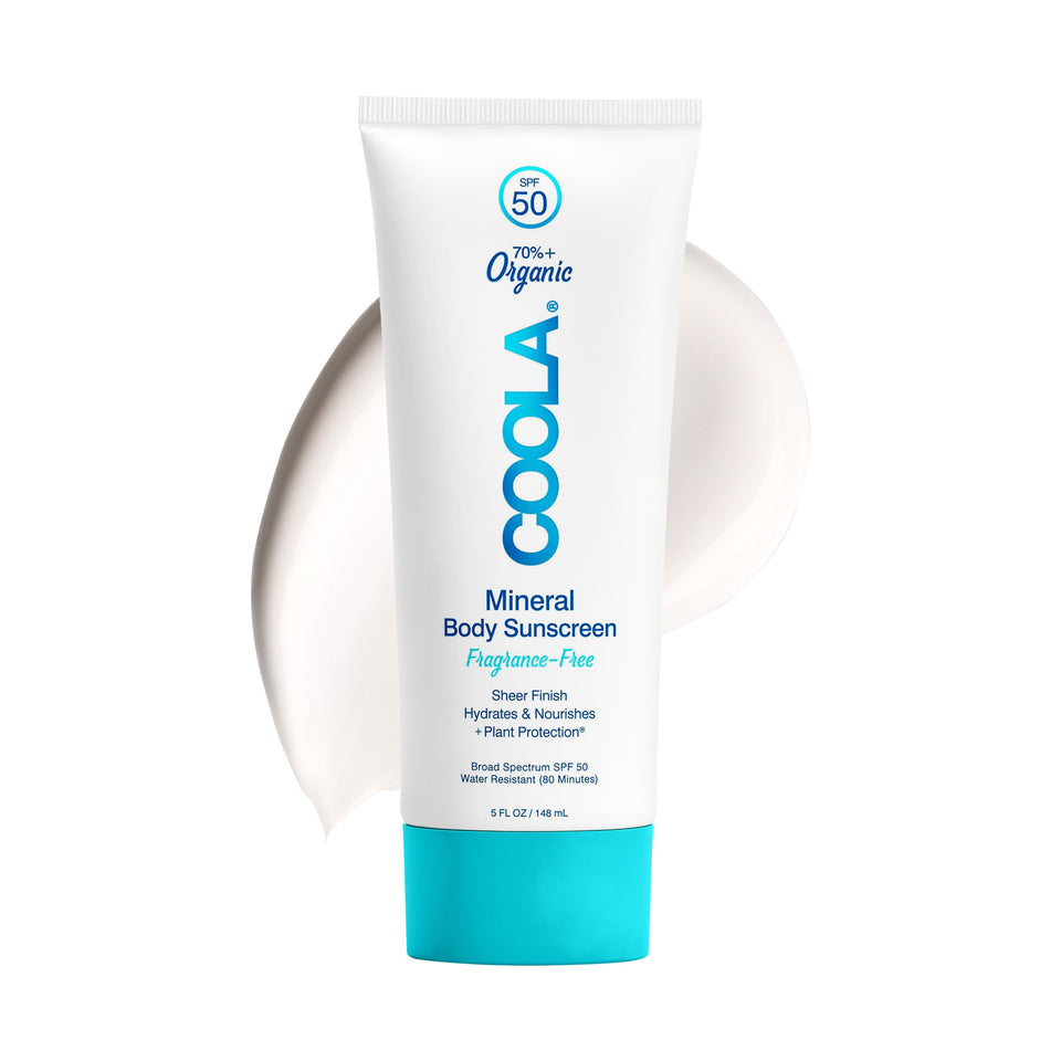 COOLA mineral body sunscreen front packaging showing SPF 50 and fragrance free benefit