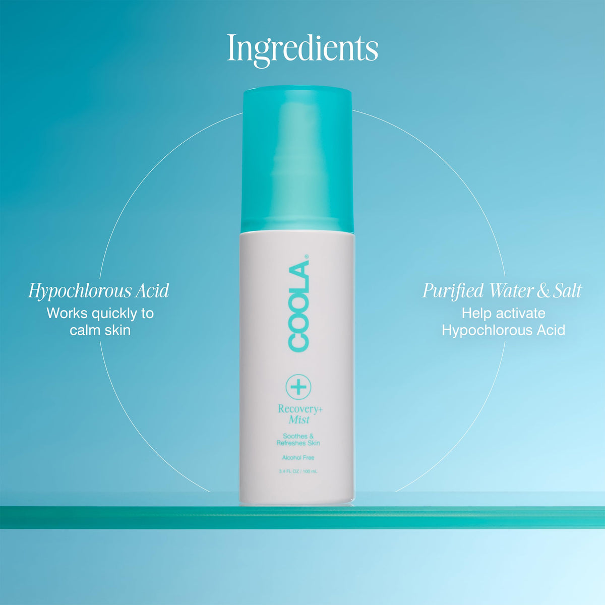 COOLA label close-up highlighting hypochlorous acid ingredient