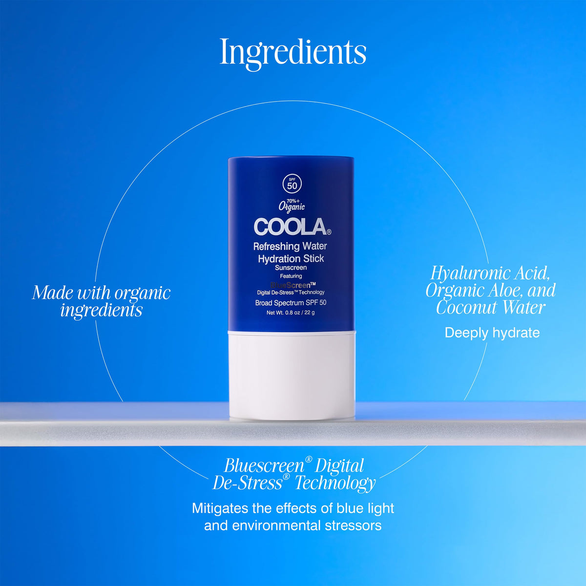COOLA texture close-up of stick glide showing dewy hydration and quick-absorb