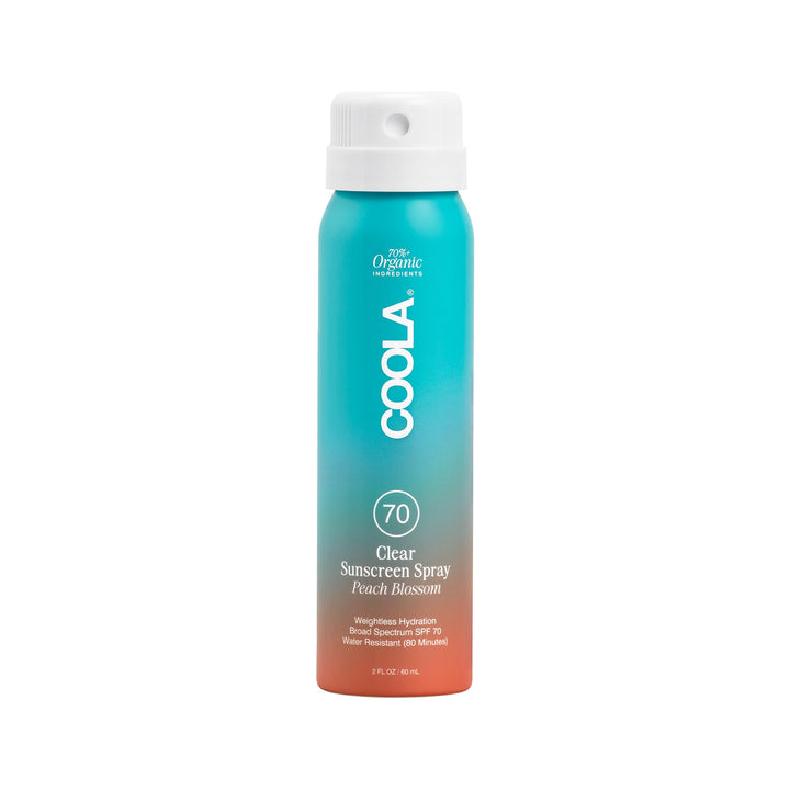 COOLA front packaging showing SPF 70 and peach blossom scent offering strong protection