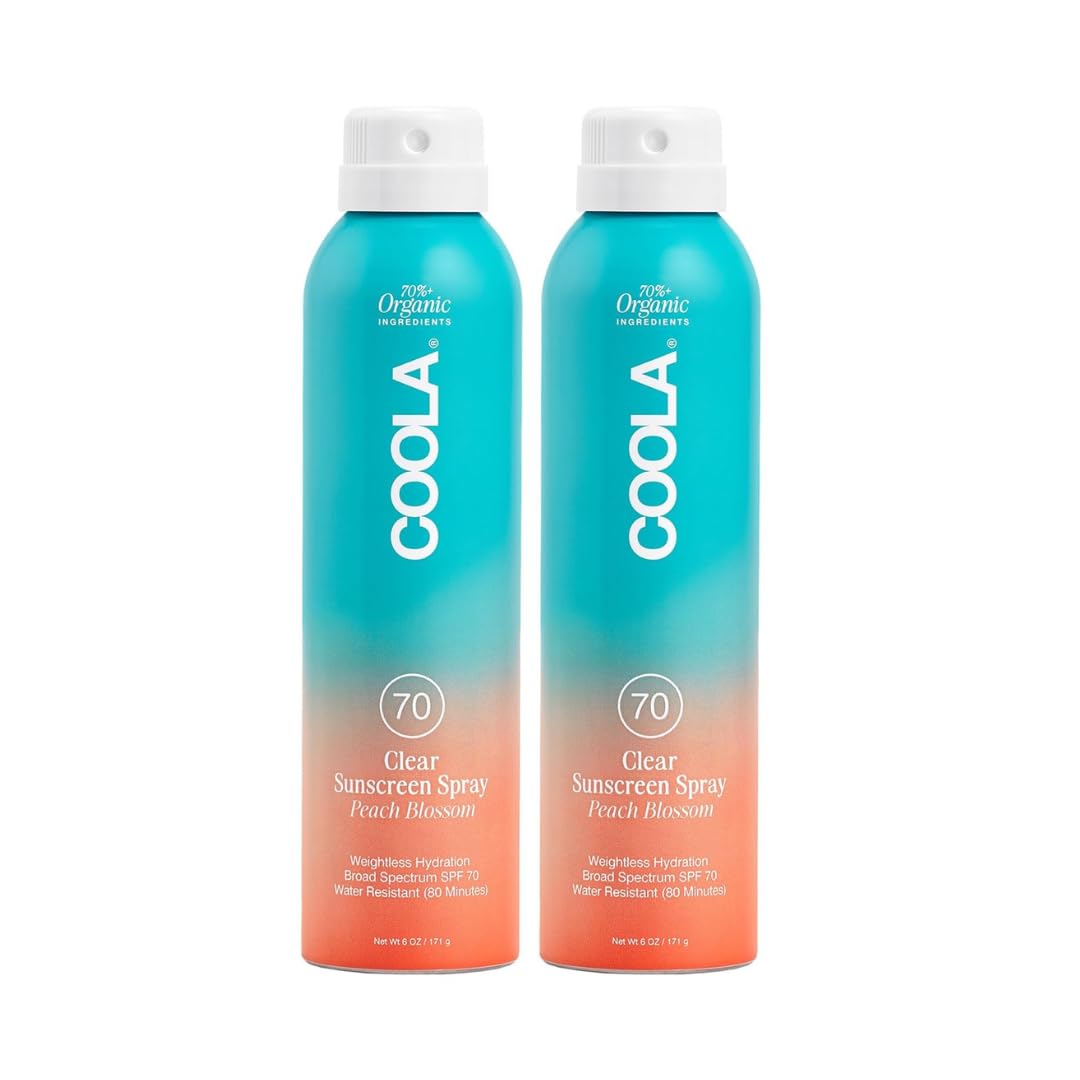 COOLA front packaging showing SPF 70 bottle and Peach Blossom scent benefit