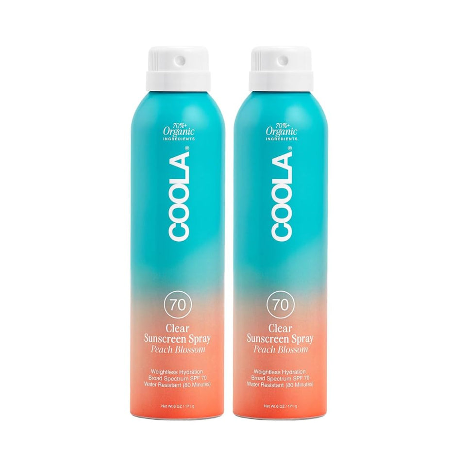 COOLA front packaging showing SPF 70 bottle and Peach Blossom scent benefit