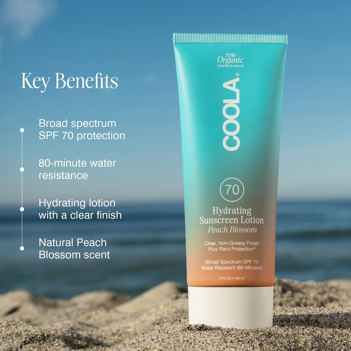 COOLA lotion texture dispensed from pump, lightweight feel for quick absorption benefit