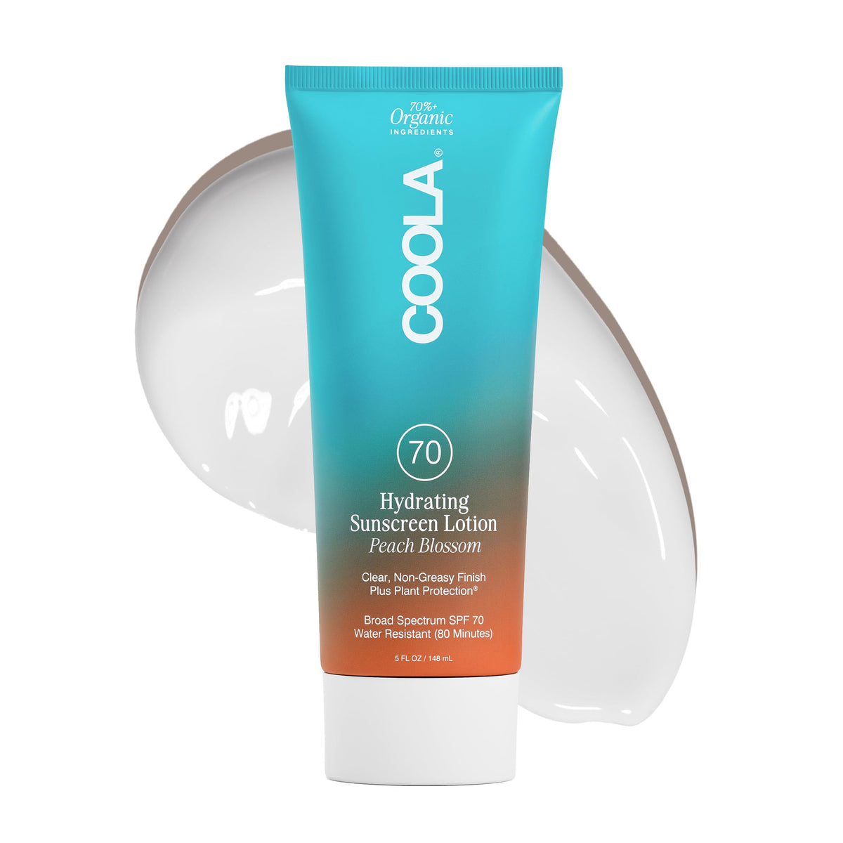 COOLA front packaging showing SPF 70 and peach blossom scent, clear protection benefit