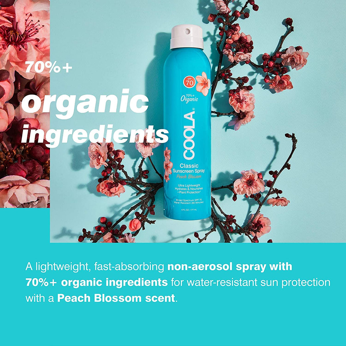 COOLA spray being applied on beach offering water-resistant protection