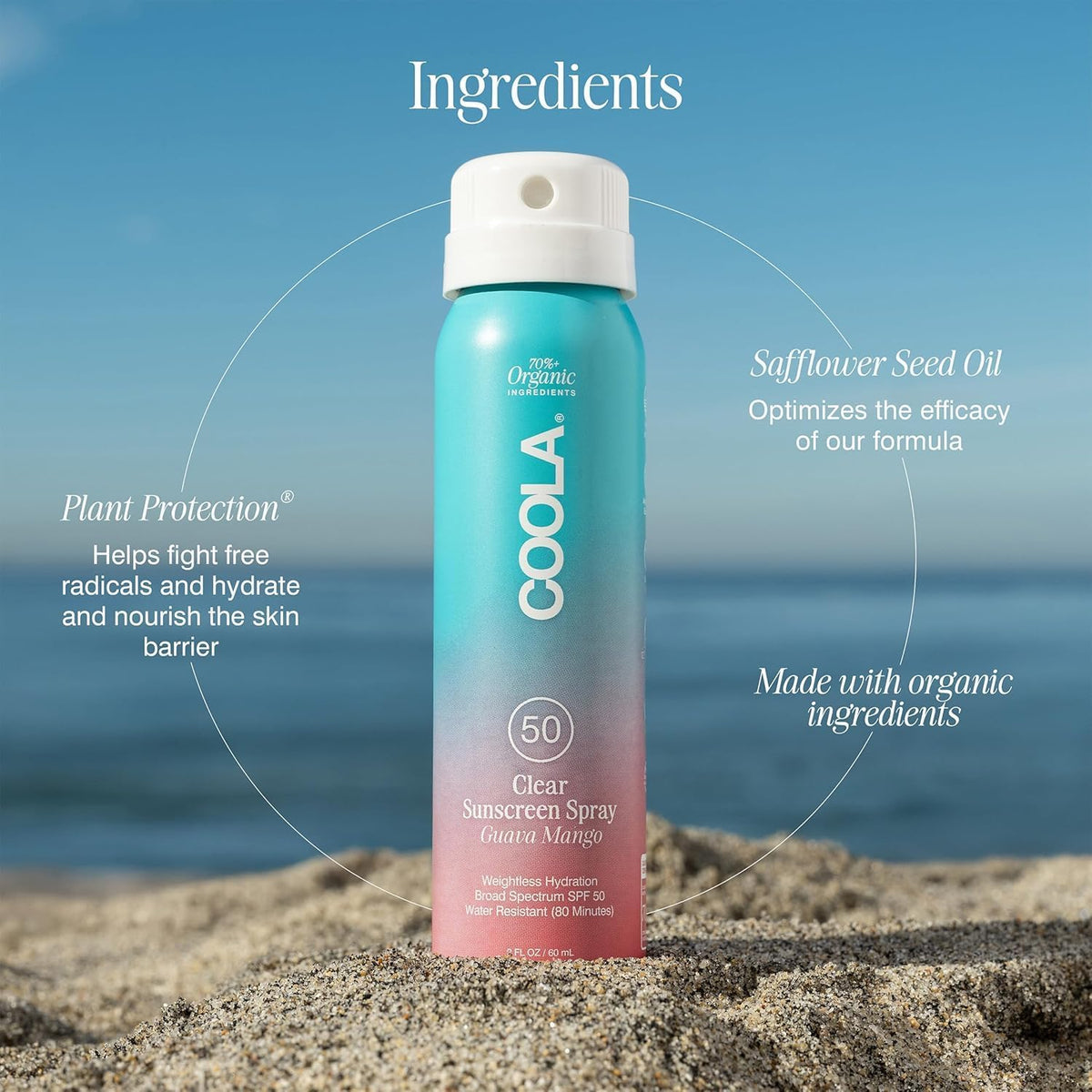 COOLA applying spray to arm showing even coverage and easy use
