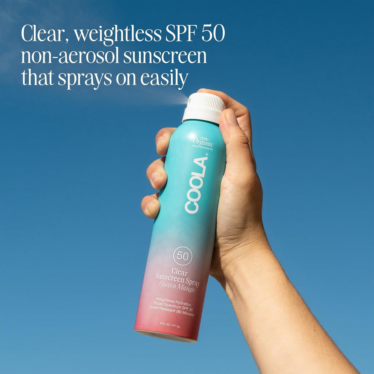 COOLA spray nozzle close-up demonstrating even mist for fast full-body coverage benefit