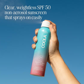 COOLA spray nozzle close-up demonstrating even mist for fast full-body coverage benefit