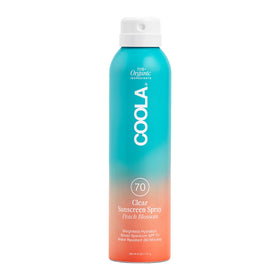 COOLA spray front packaging showing SPF 70 and peach blossom scent for travel convenience