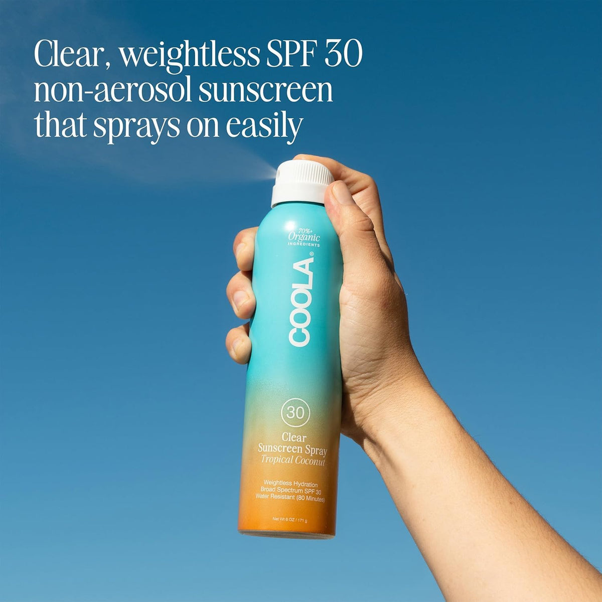COOLA nozzle close-up demonstrating continuous mist for easy coverage