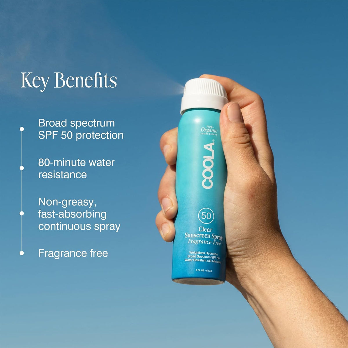 COOLA mist close-up demonstrating clear spray texture for quick absorption