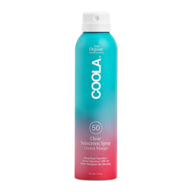 COOLA sunblock spray front packaging showing SPF 50 and guava mango scent benefit quick protection