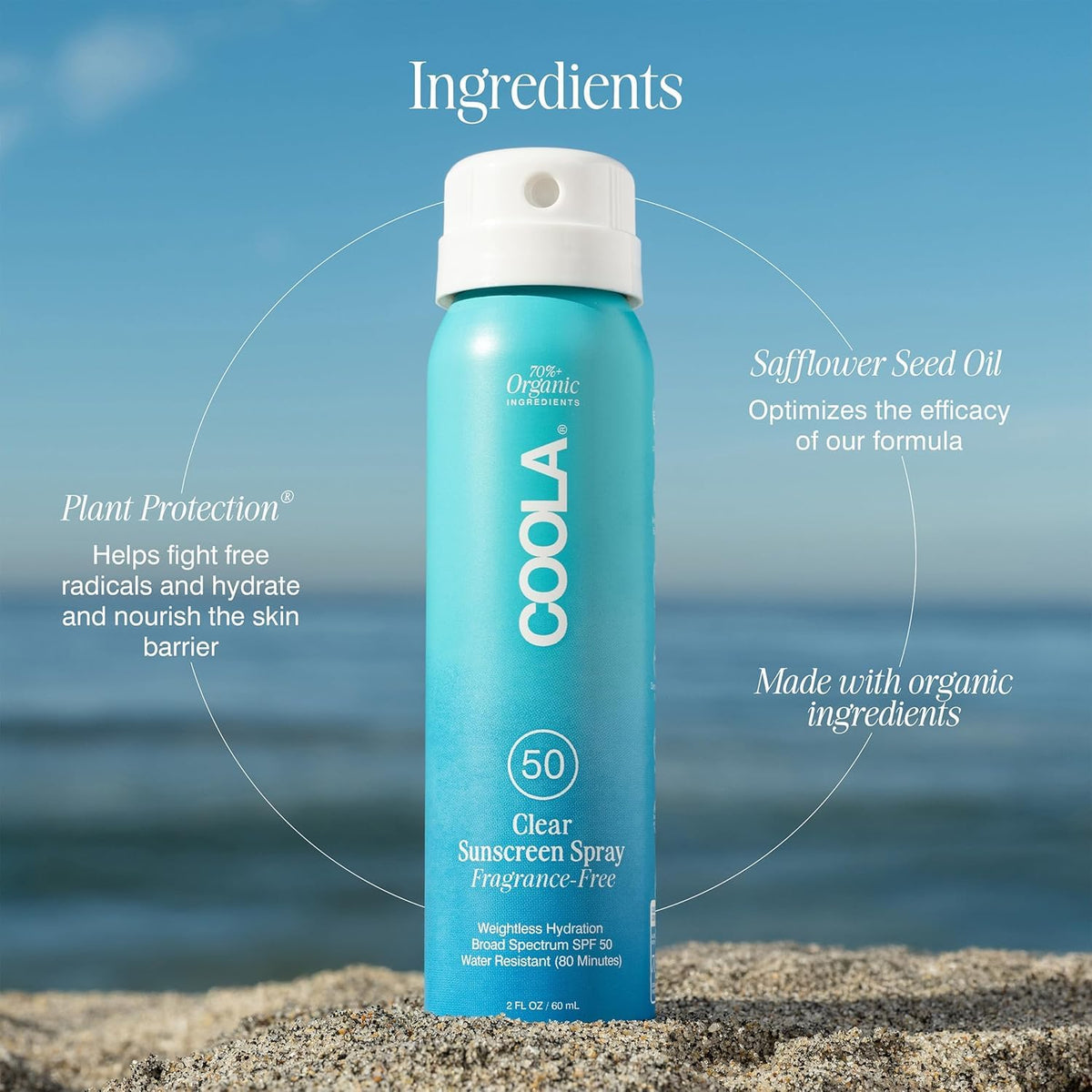 COOLA spray being applied at the beach for water-resistant protection