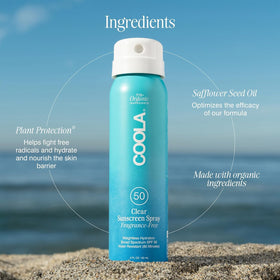 COOLA spray being applied at the beach for water-resistant protection