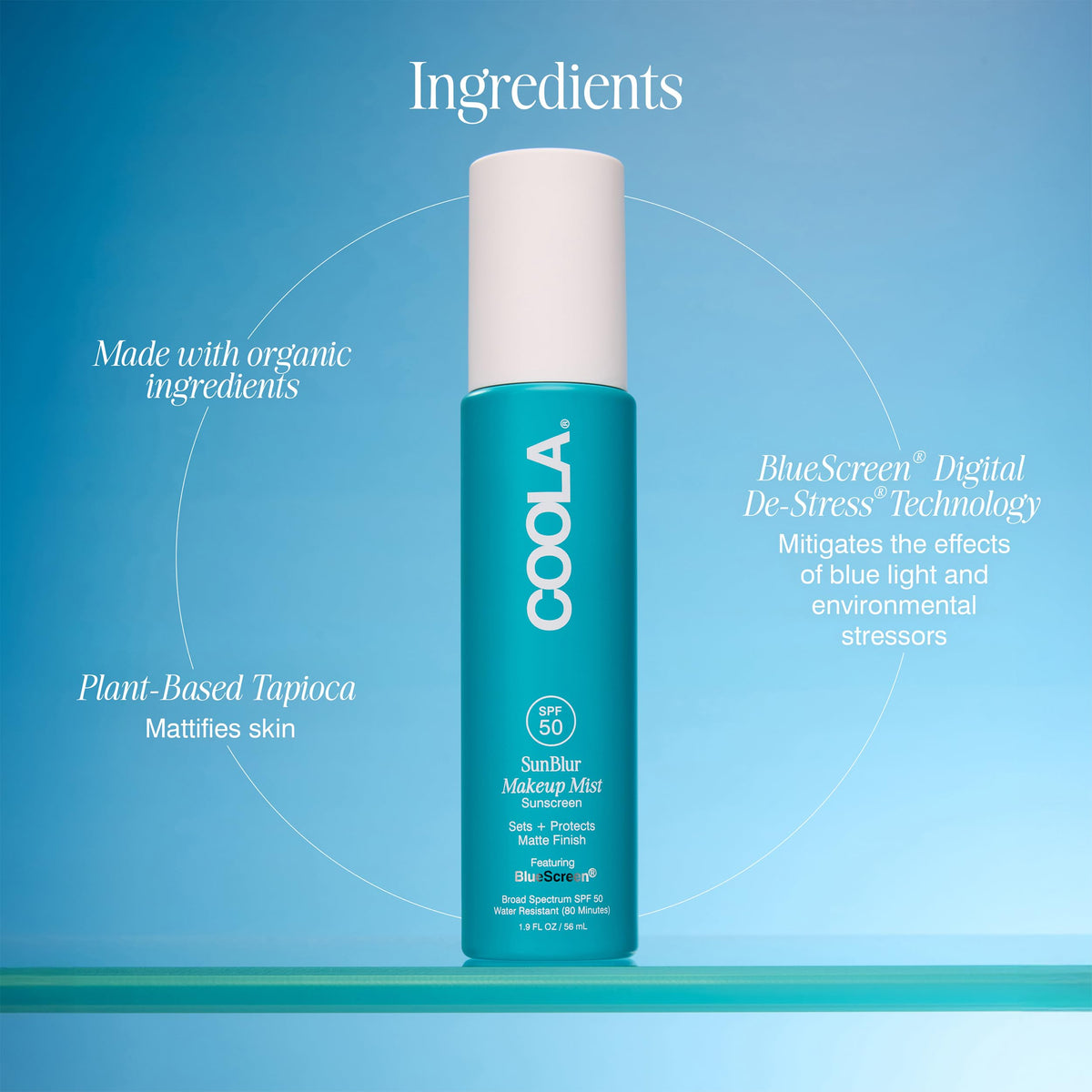 COOLA SunBlur label highlighting BlueScreen technology and antioxidant support