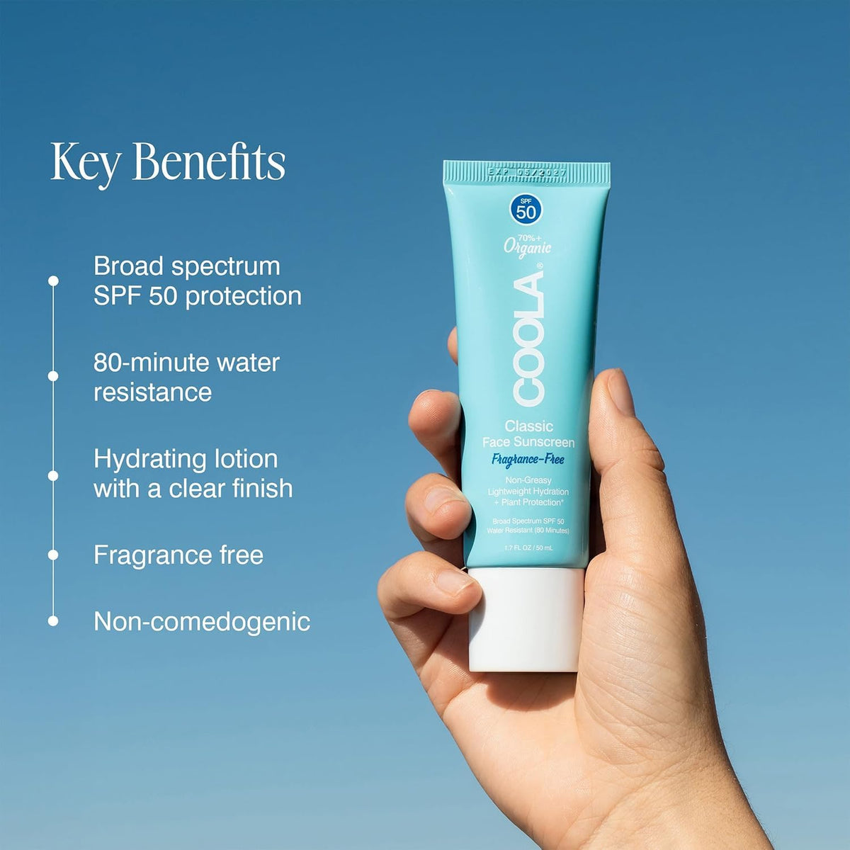 COOLA applied to cheek illustrating smooth layering under makeup benefit