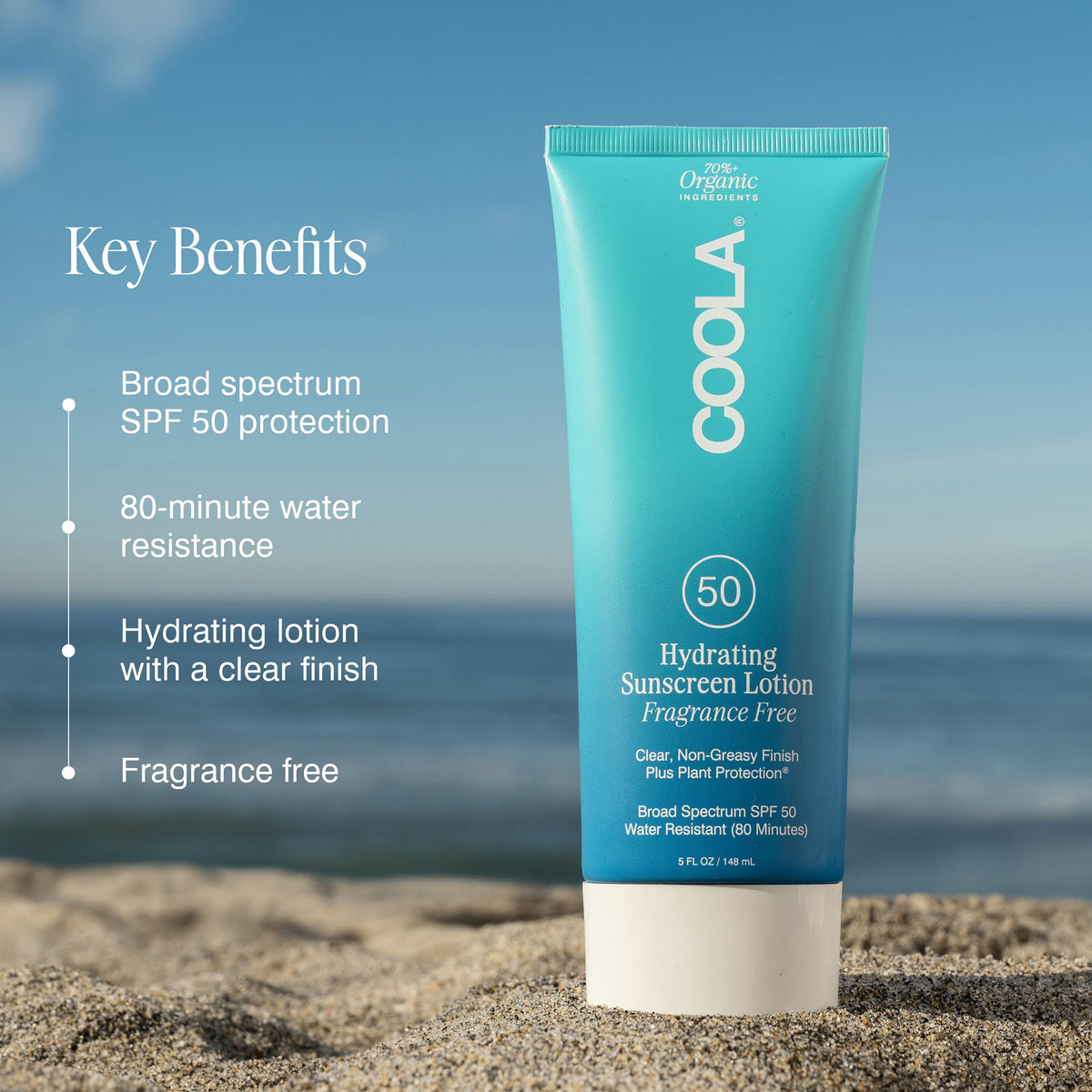 COOLA close-up texture of clear lotion showing lightweight moisturizing benefit