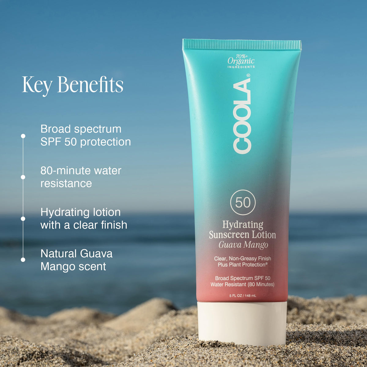 COOLA lotion texture close-up, lightweight formula hydrates without greasiness