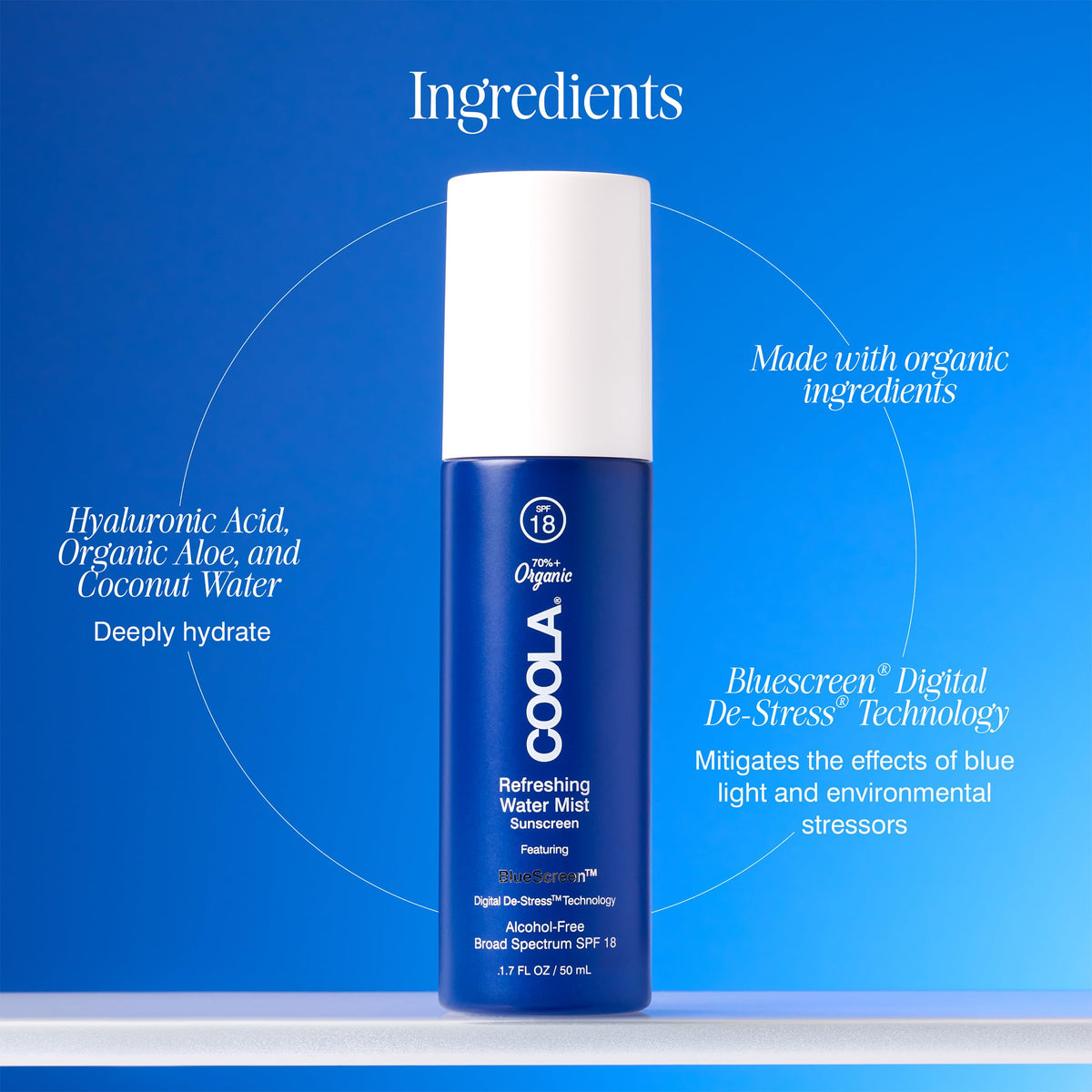 COOLA water mist spray in use on face for hydration and quick sun protection