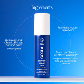 COOLA water mist spray in use on face for hydration and quick sun protection