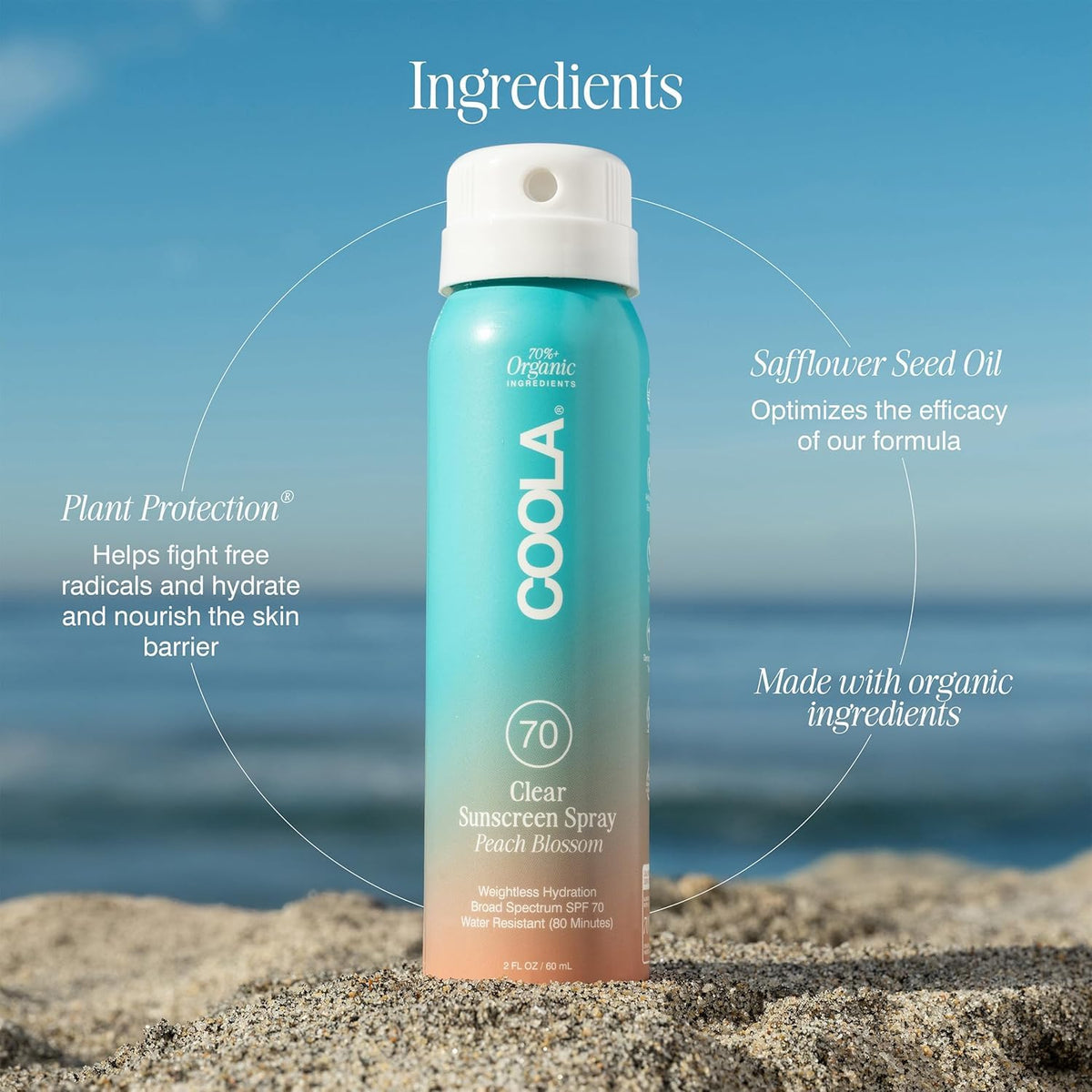 COOLA beach scene showing water-resistant formula for active, outdoor use benefit