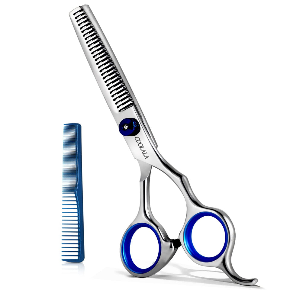 COOLALA front view of scissors and thinning shears showing professional set and included comb benefit