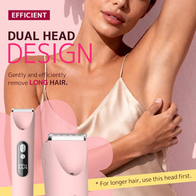 CoolHair wide trimmer head shown shaving leg for faster coverage benefit