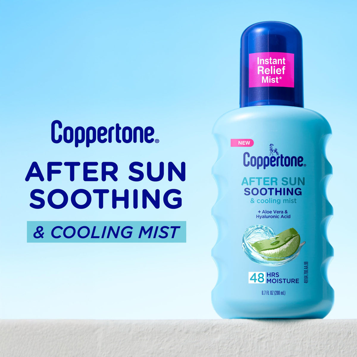 Coppertone after sun bottle held in hand for easy application and portability benefit