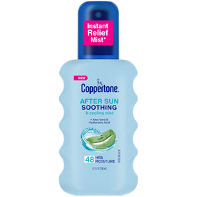 Coppertone after sun front label showing product name and 6.7 oz size, clear benefits