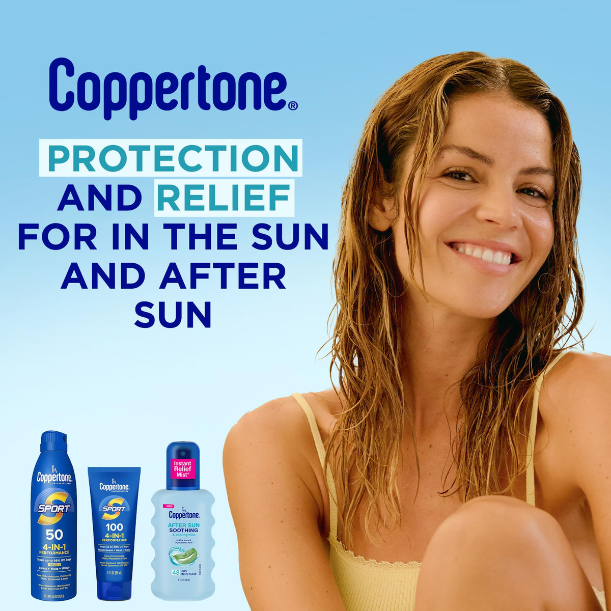 Coppertone after sun back label with directions and dermatologically tested note, clarity benefit
