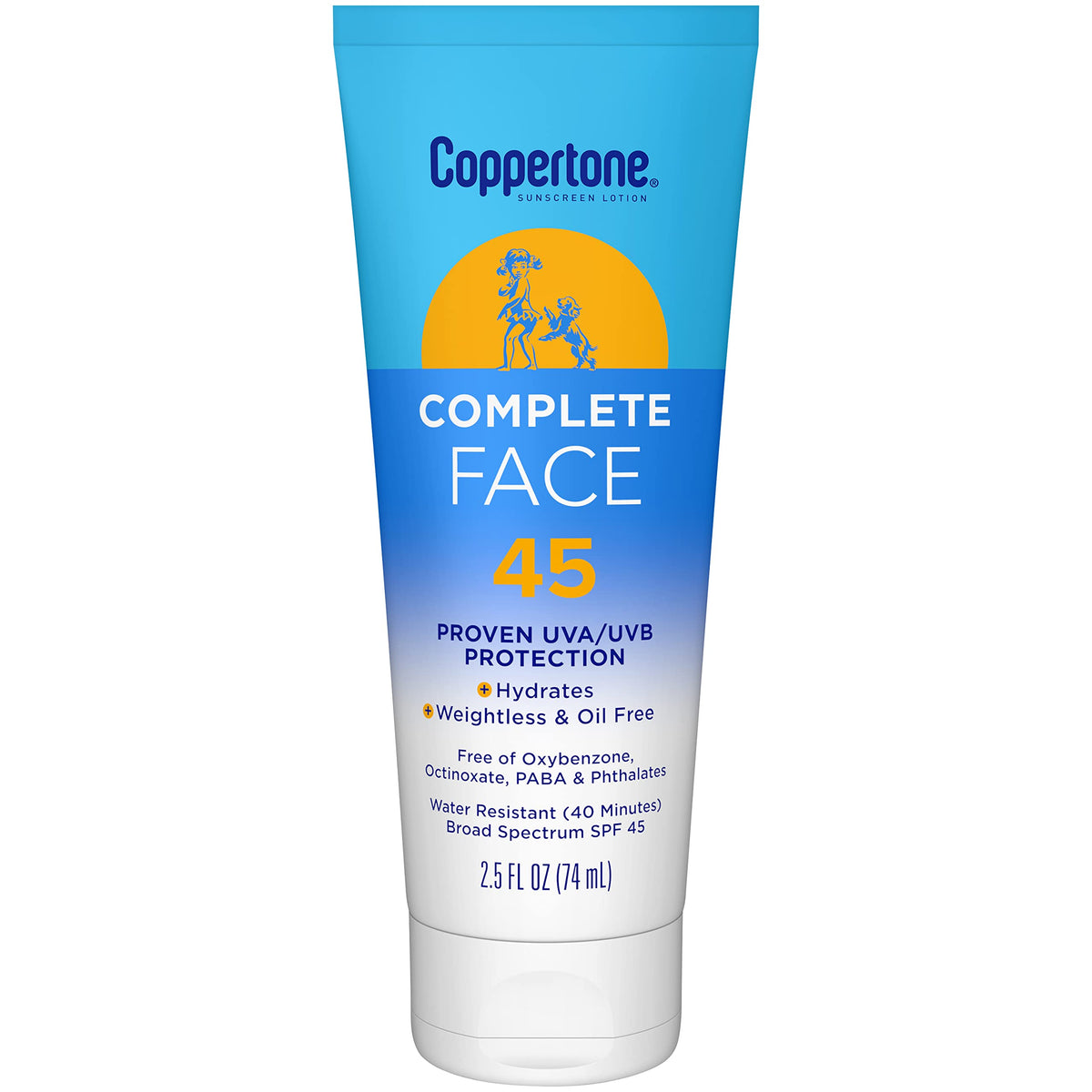 Coppertone Complete Face front tube showing SPF 45 protection benefit