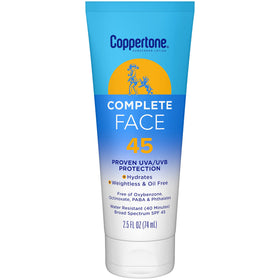 Coppertone Complete Face front tube showing SPF 45 protection benefit