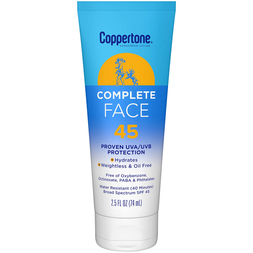 Coppertone Complete Face front tube showing SPF 45 protection benefit