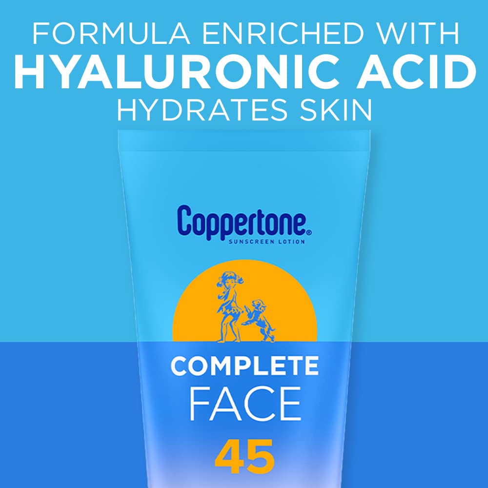 Coppertone Complete Face cream texture close-up showing fast absorption benefit