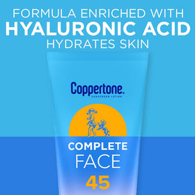 Coppertone Complete Face cream texture close-up showing fast absorption benefit
