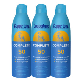 Coppertone Complete SPF 50 front packaging showing bottle trio and benefits