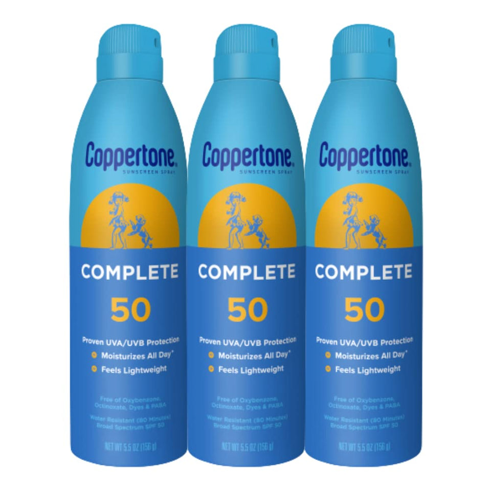 Coppertone Complete SPF 50 front packaging showing bottle trio and benefits