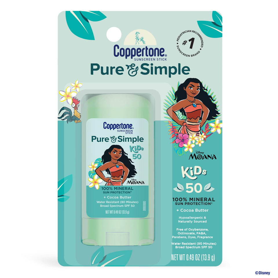 Coppertone Pure and Simple Disney Moana front packaging showing playful design and SPF benefit
