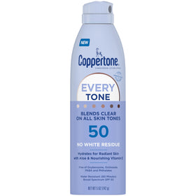 Coppertone front packaging of SPF 50 spray showing clear-blend benefit