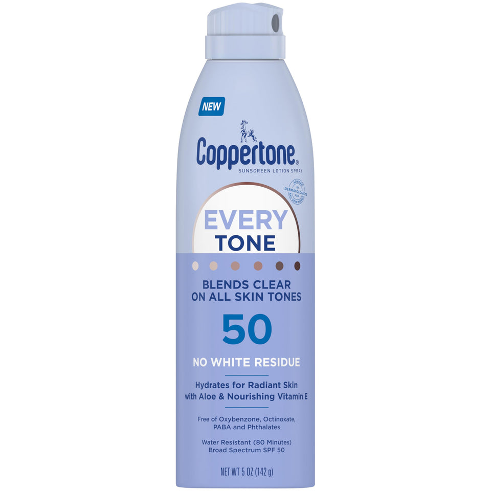 Coppertone front packaging of SPF 50 spray showing clear-blend benefit