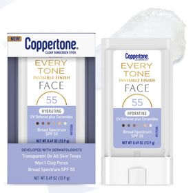 Coppertone front packaging showing SPF 55 and clear finish benefit