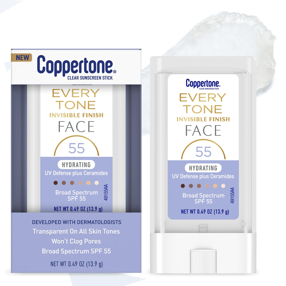 Coppertone front packaging showing SPF 55 and clear finish benefit