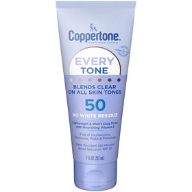 Coppertone front tube showing product branding and SPF 50 benefit